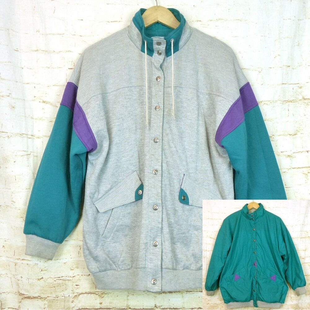 VTG 80s Be in the Current Seen Reversible Windbreaker Jacket Women OS Gray Teal